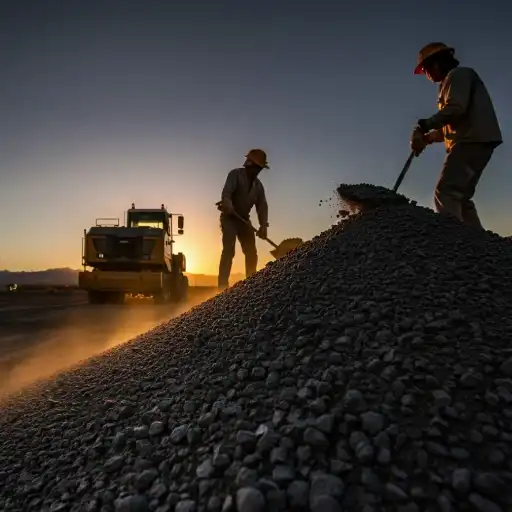Mining site with two miners shoveling tailings